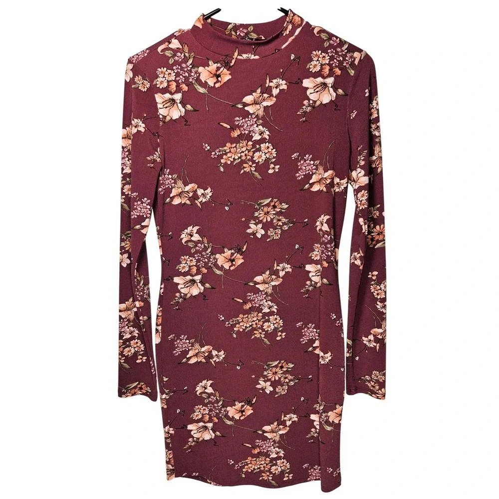 Forever 21 Womens Burgundy Floral Mock Neck Long Sleeve Bodycon‎ Mini Dress M